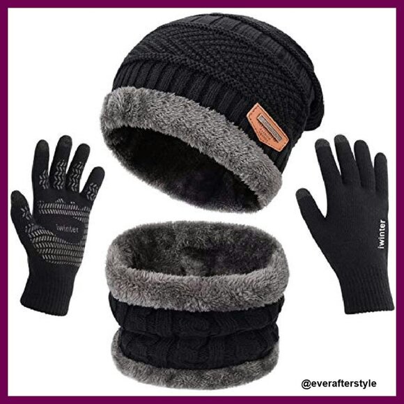Winter Knit Beanie Scarf Gloves Set Fleece Lined Unisex Touchscreen main image 4